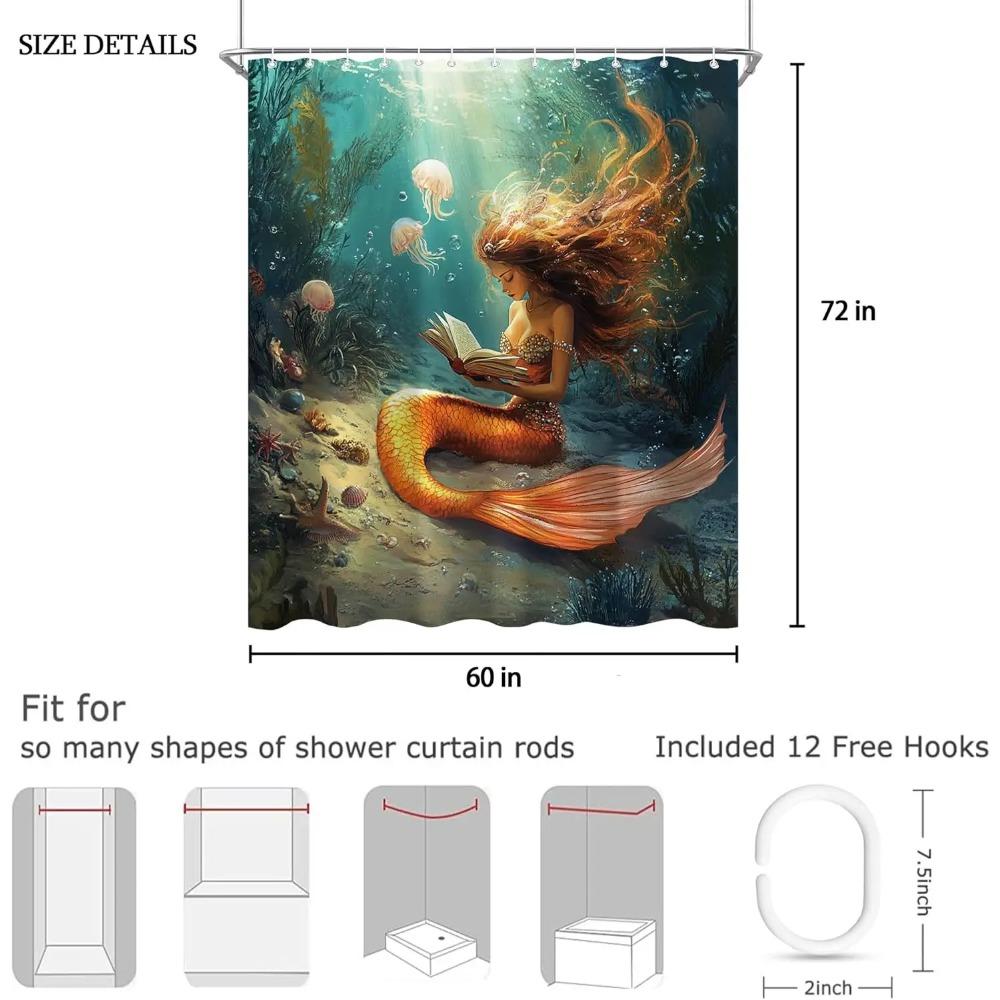 Mermaid Ocean Printed Shower Curtain Vintage Retro Teal Jellyfish Seaweed For Bathroom Decor