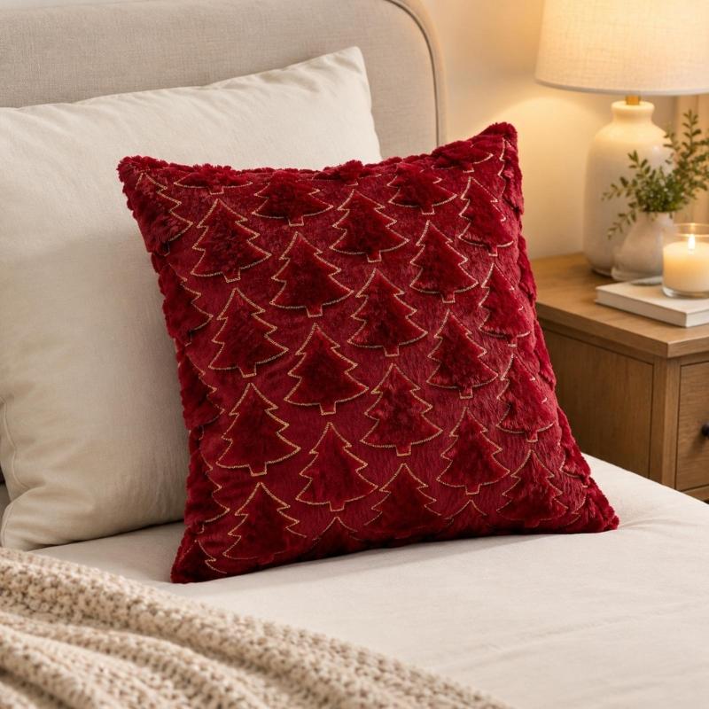 Christmas Throw Pillow Cover Set of 2, Plush Faux Furs Cushion Covers with Raised Embroidery for Coordinated Indoor Seating