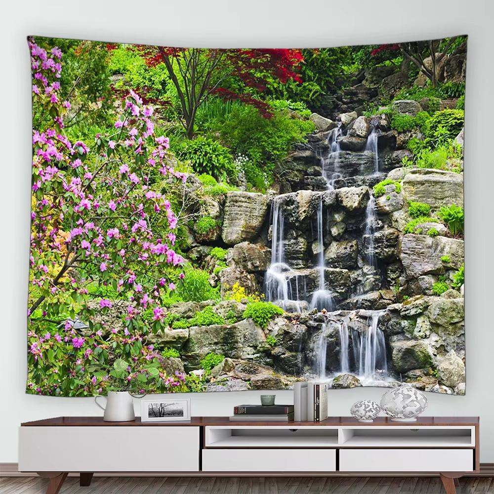 Street Flower Scenery Tapestry Vintage Blue Wooden Door Floral Plants Nature Landscape Home Garden Decor Wall Hanging Picnic Mat