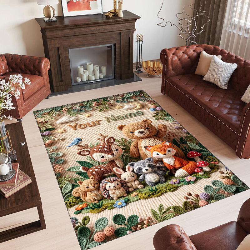 Forest Nature Theme Crystal Velvet Rug Personalized Custom Name Text Soft Floor Mat Home Decor