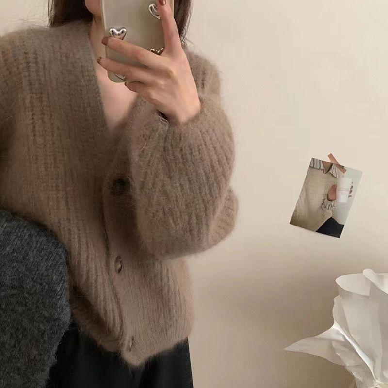 Korean-Style Faux Mink White V-Neck Fluffy Knitted Cardigan Shawl Sweater