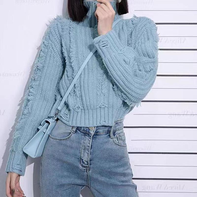 Women Autumn Winter High Collar Long Sleeve Wardrobe Staple Distressed Ripped Holes Solid Color Comfy Loose Pullovers Knitted Sweater Top