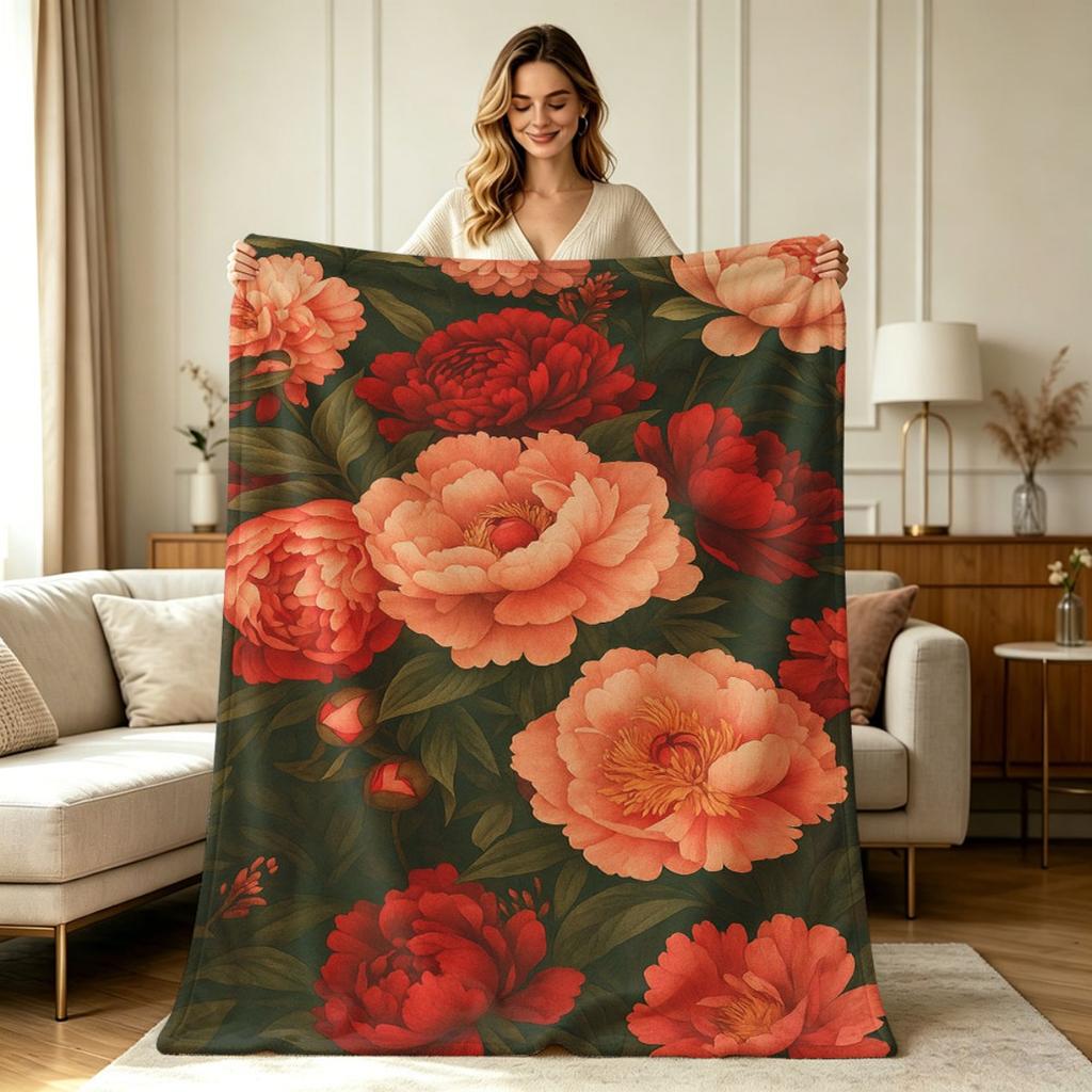 Soft Warm Flannel Blanket with Vintage Peony Floral Print All Season Throw Blanket for Sofa Couch Bed Office Living Room Home Decorative Cozy Flannel