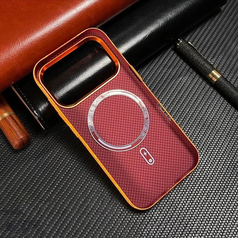 Carbon Fiber Texture Orange Case for iPhone 17 Pro Max / 17 Pro Magnetic Wireless Charging Alloy Lens Protection PC Cover