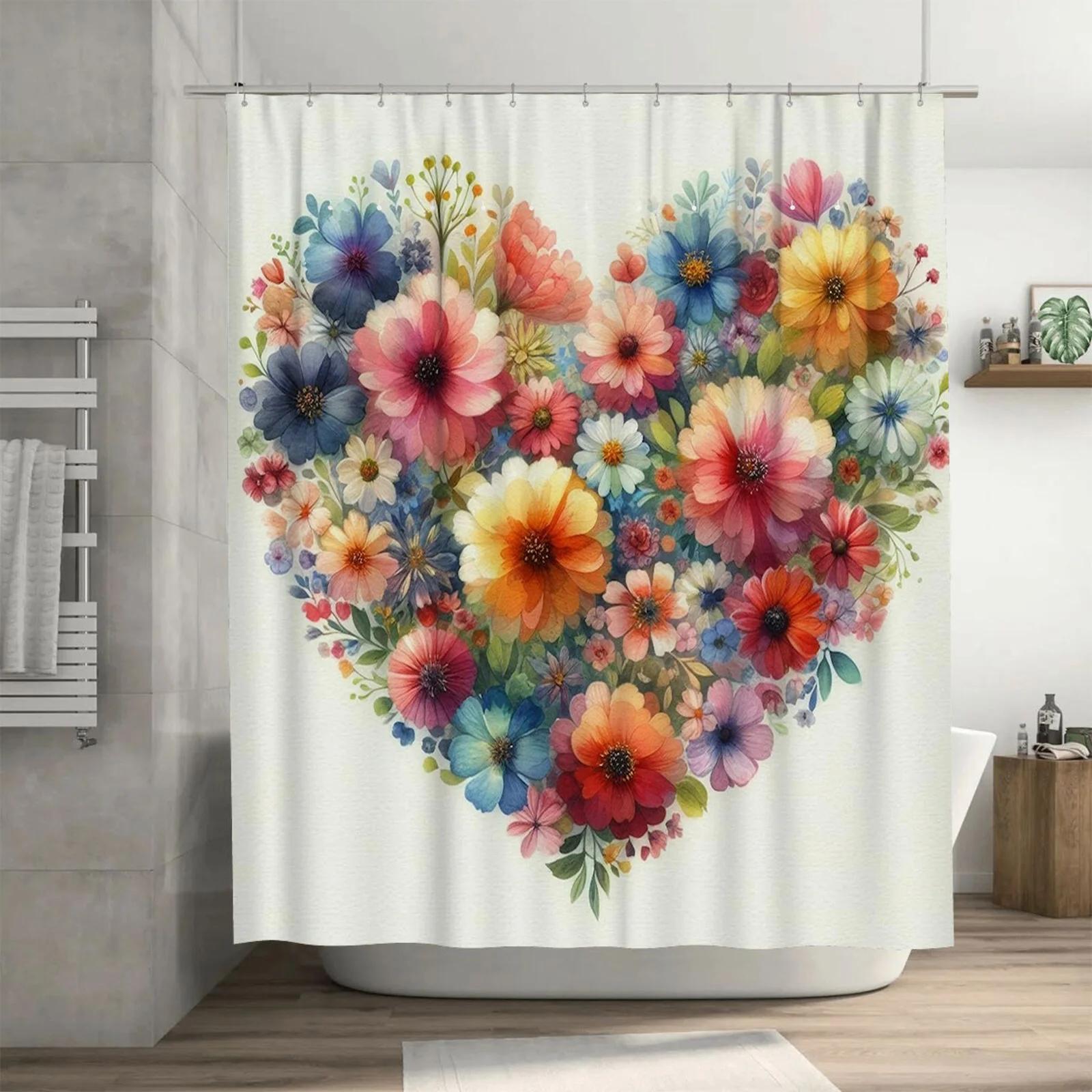 

Floral Heart Shower Curtain - Vibrant Watercolor Flowers In A Heart Shape For A Romantic And Colorful Bathroom Dcor W60H190(CM)-1 Pcs