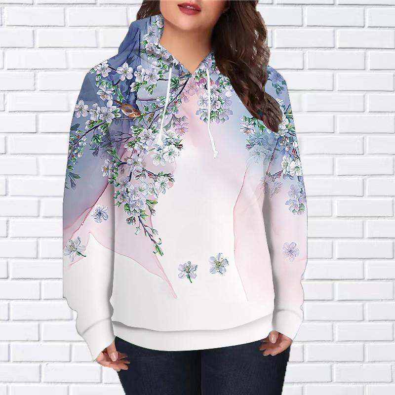 Женская мода Фиолетовый лотос Бабочка Принт Свободные толстовки с капюшоном Блузка Толстовка Повседневный длинный рукав Пуловер Топы 8XL светло-синий