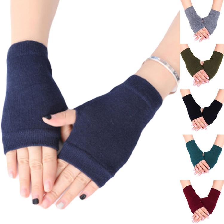 Fingerless Gloves Stretchy Knitted Thumb Hole Mittens Solid Short Hand Warmers