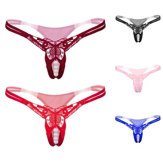 Hot Sexy Faux Pearl String Massasje Åpent Skritt Undertøy Truse Lady G-String