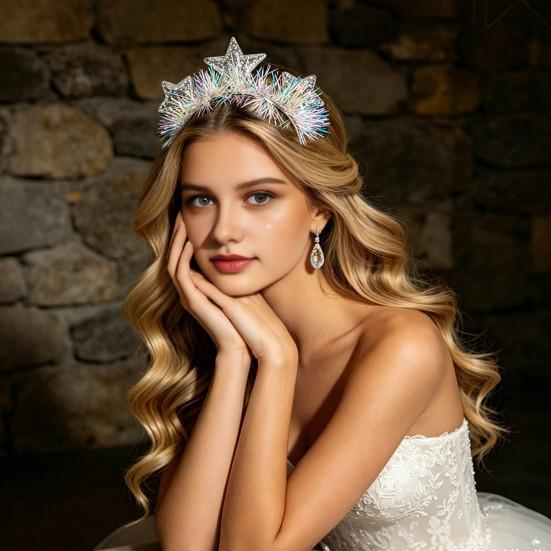 Colorful Rain Silk Star Crown Headband with Sparkly Sequins, 3D Glitter Hair Hoop Decorative Headwear for Wedding Christmas New Year Birthday,