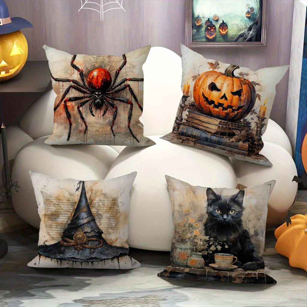 1pc Halloween Pillowcase Terrifying Decoration Black Cat Spider Terrifying Pumpkin Witch Hat Design
