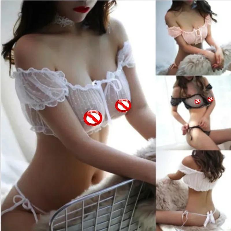 One-word Strapless Three-point Suit Sexy Underwear Mesh Perspective Underwear Sexy Lingerie Babydoll Plus Size Lingere Suit