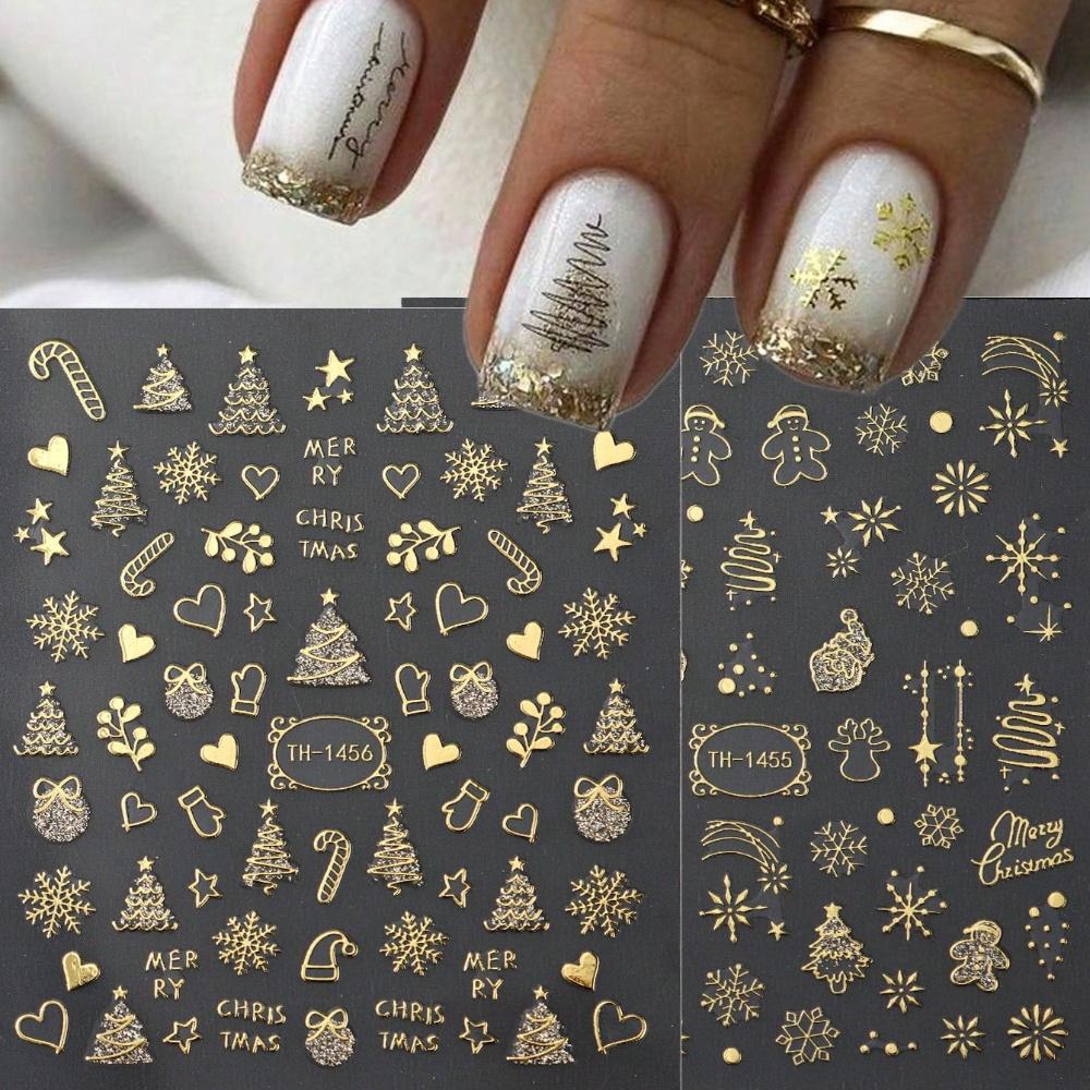 2 Pieces of Christmas and New Year Nail Stickers with Golden Snowflakes, Christmas Tree, Reindeer Heart, DIY Holiday Nail Art