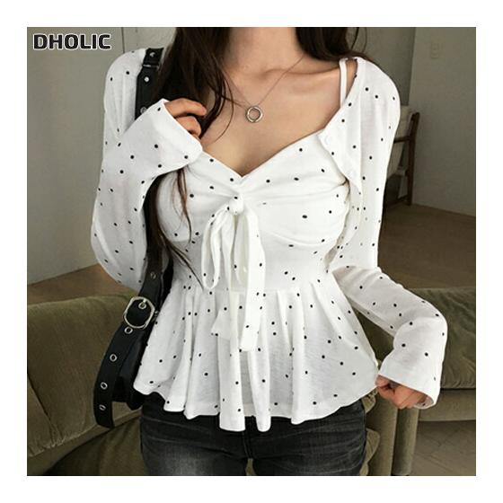 Women s Korean Fashion Setup Ensemble Tops Camisole Tops Cardigan Long Sleeve Dot Pattern Ruched Peplum Ribbon Knot Slim Feminine Lovely Cute Chic