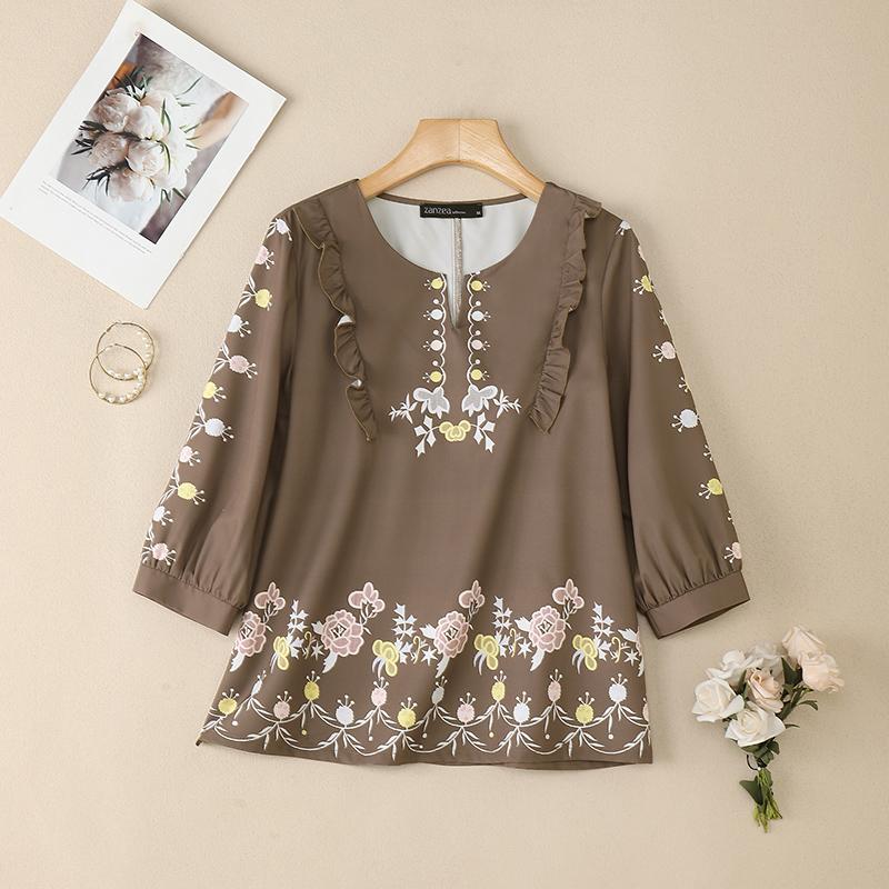 ZANZEA Dámská ležérní halenka s výstřihem do V a 3/4 rukávy s květinovým potiskem