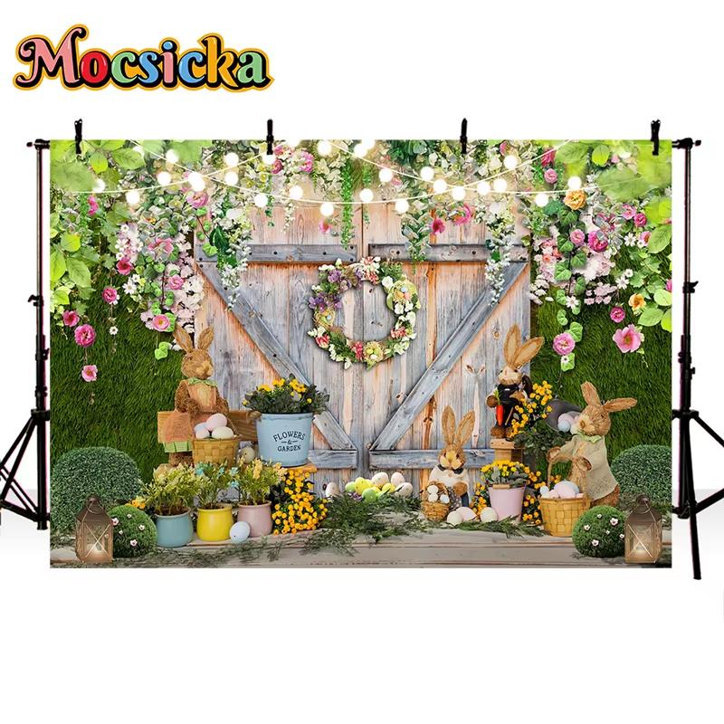 Mocsicka Easter Background Spring Flowers Meadow Eggs Rabbit Decoration Home Party Kid Photo Studio Photography Props