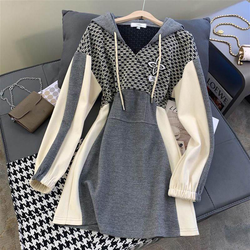

Women s Korean Vintage Embroidery Plaid Patchwork Y2K Hooded Dress Chic High Waist Long Sleeve Bodycon Sexy Mini Dresses XS синій