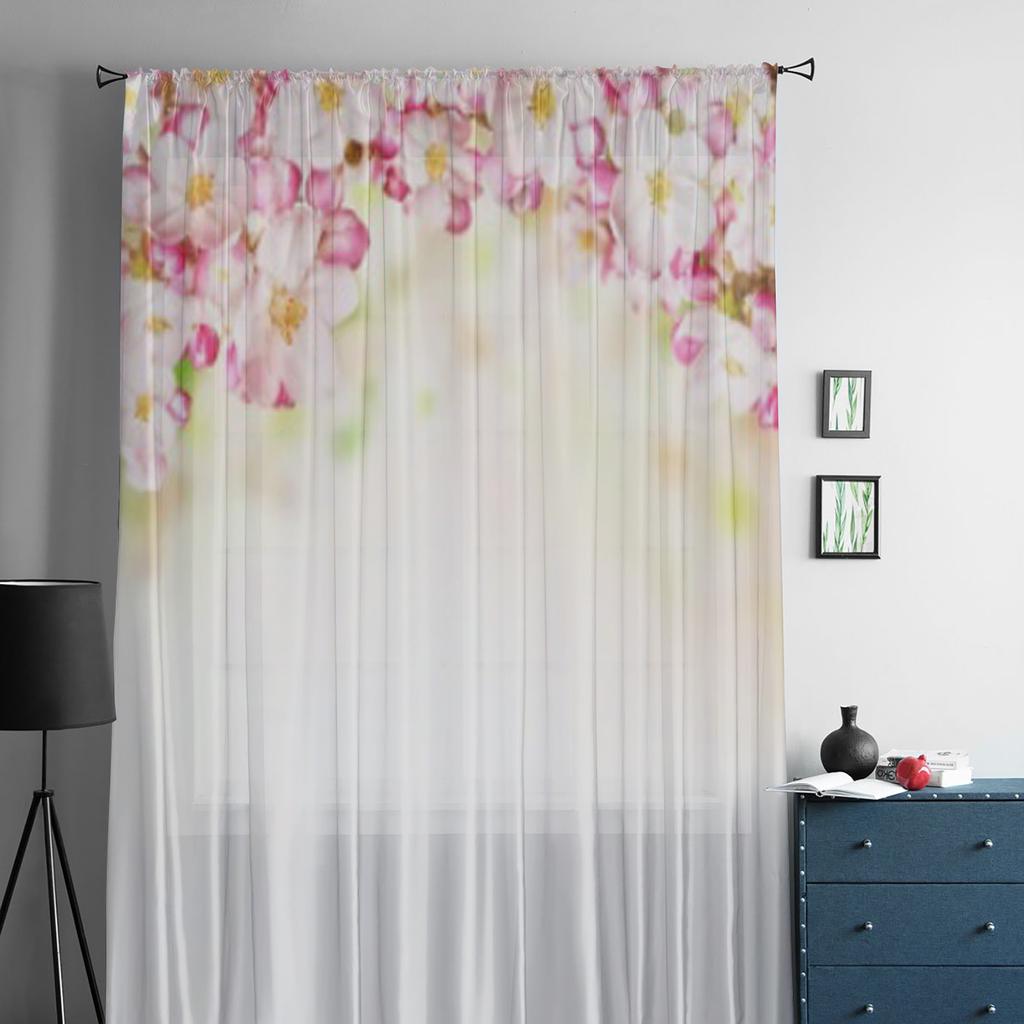 Třešňové květy nad rozmazanou přírodou Květinové tylové průsvitné záclony pro dekoraci obývacího pokoje a kuchyně Voálové organzové záclony