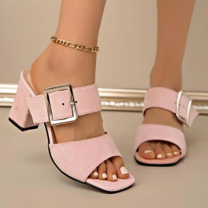 Retro Metal Buckle Decoration Suede Slip On Sandals Women 2025 Summer Square Toe High Heel Slippers Elegant Party Dress Shoes
