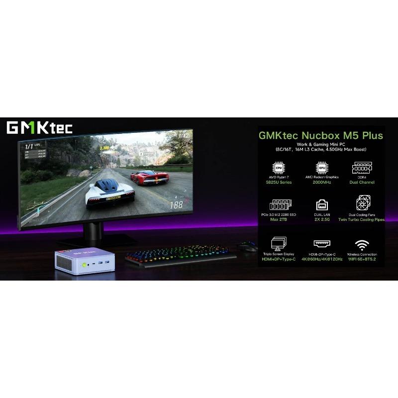 GMKtec M5 Plus Mini PC Ryzen 7 5825U 8G/16G 16/32GB DDR4 512GB/1TB NVMe SSD Windows 11 Pro WiFi6E Doppio LAN 2.5G 3x 4K USB-C