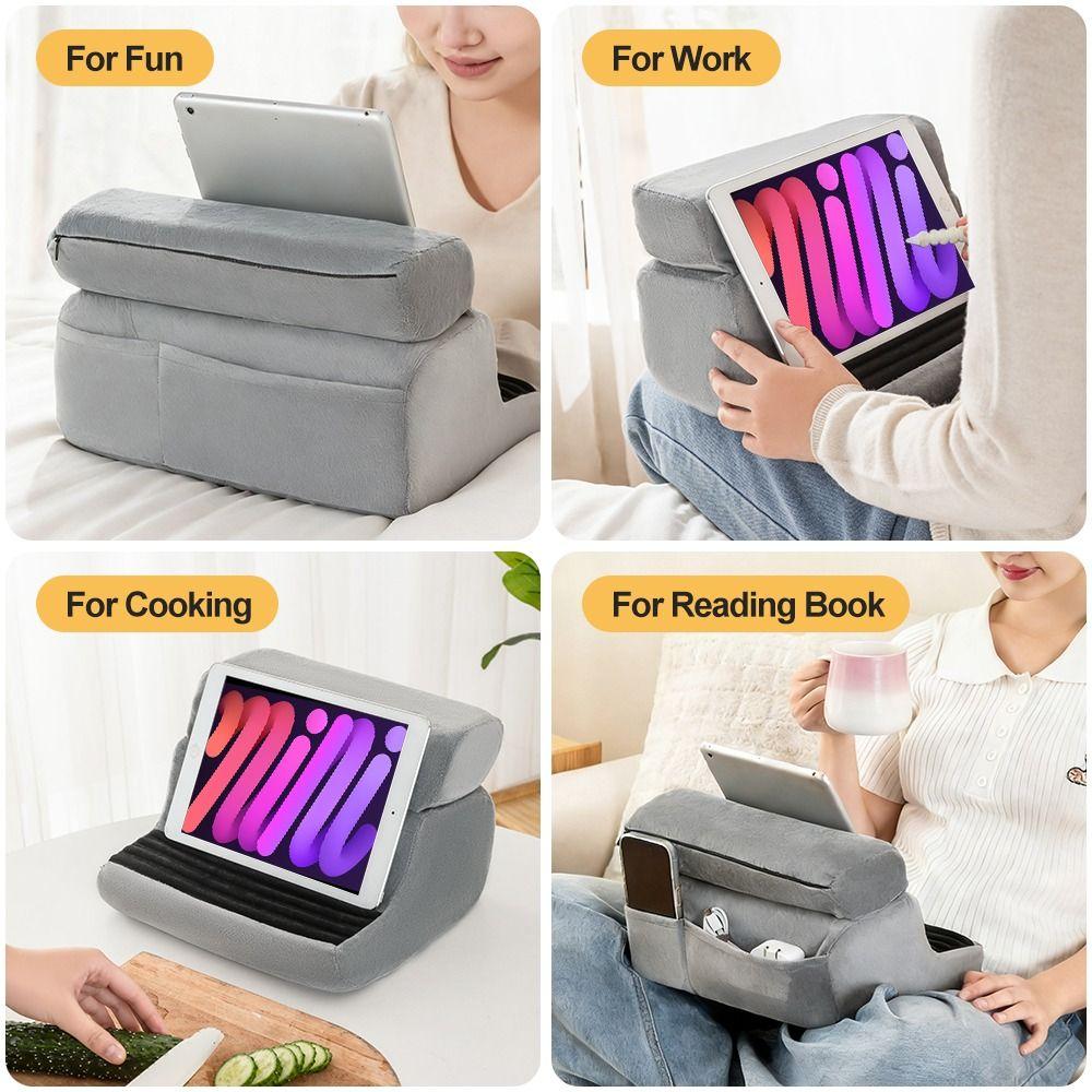 Portable 4 Angles Tablet Pillow Stand Adjustable with Pockets E-reader Reading Pillow Cushion Comfortable Reading Holder Travel