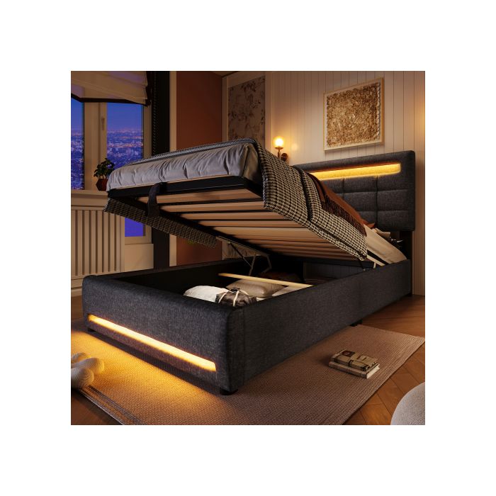 Lit Rembourré - MUVOE - 90x200 Cm - Gris - Support Hydraulique - Télécommande APP