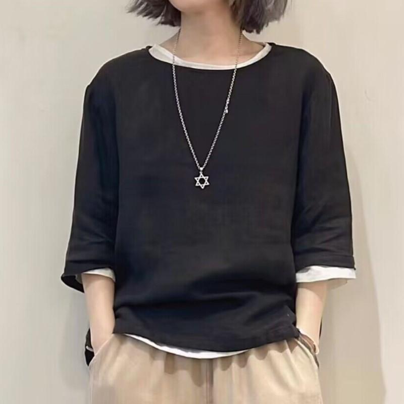 Johnature Women Casual T-Shirts O-Neck Seven Sleeve Solid Color Summer Loose Women Soft T-Shirts