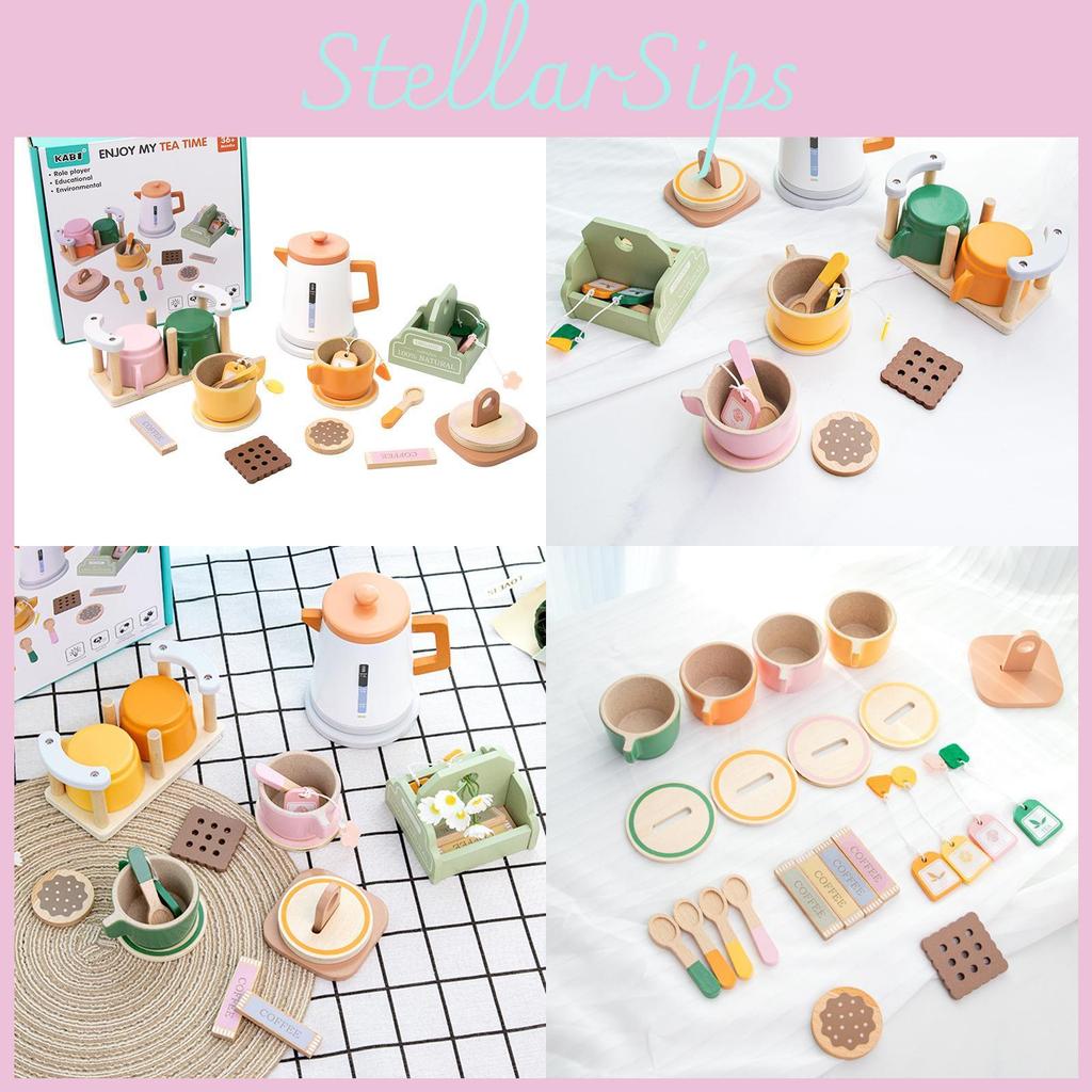Kitchen Toy Wooden Tea Set With Realistic Accessories For Kids Educational Play