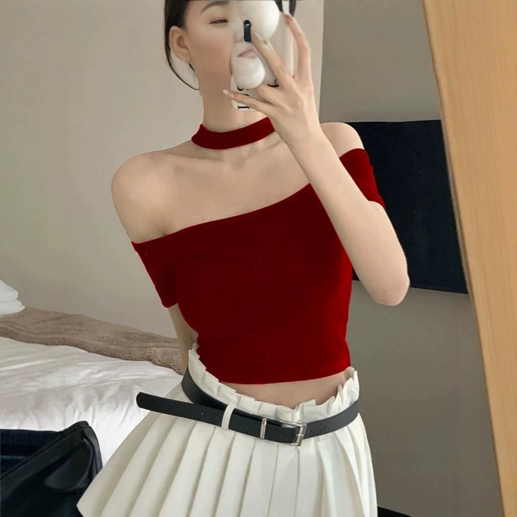 Pure desire one-word shoulder neck T-shirt women's summer new design sense slim and thin short off-shoulder short-sleeved top