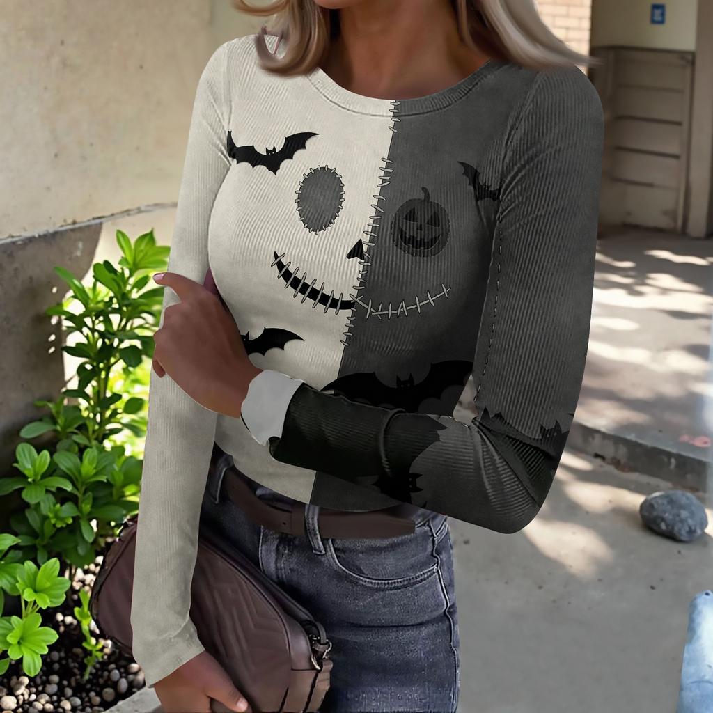 Women Halloween Print Long Sleeve Slim Fit Crew Neck Base Shirt Stretchy Ribbed Fabric Casual Top for Autumn and Winter