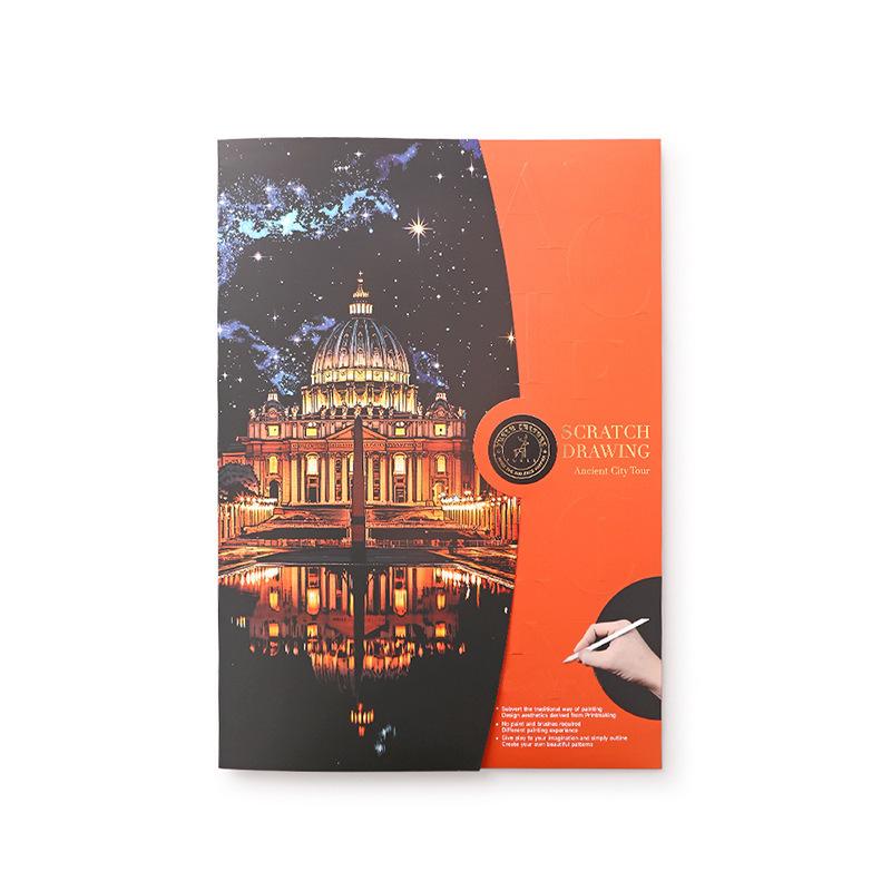 DIY 4PCS/Set A3 Colorful City Night Scenery Landscape Laser Scratch Painting With Tool Landmark Scratch Art Room Decor Gift