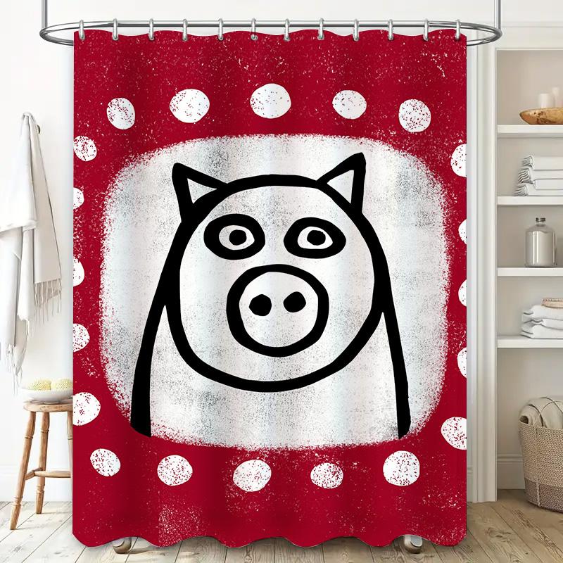 Red Shower Curtain with Polka Dots Dog Design Waterproof and Washable for Bathrooms Decoration