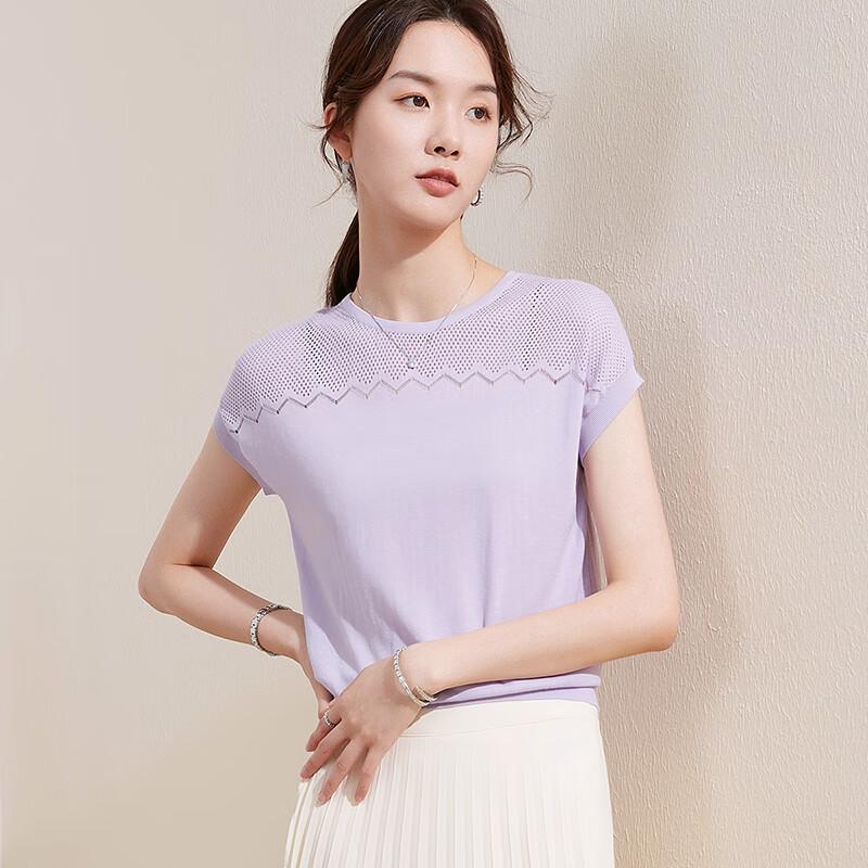 Tu Huang Women's Mulberry Silk Blend Hollow-Out Knit T-Shirt