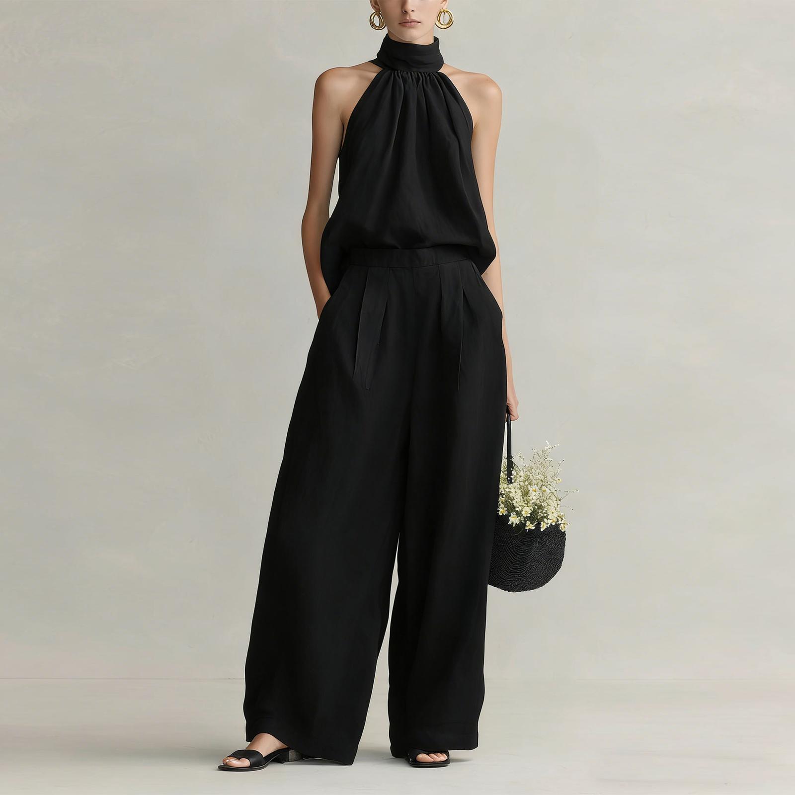 Women s Fashion Color Sleeveless Cotton Hemp Round Neck Sleeveless Top With Elastic Waist Pocket Casual Pants Two Piece Set L чёрный