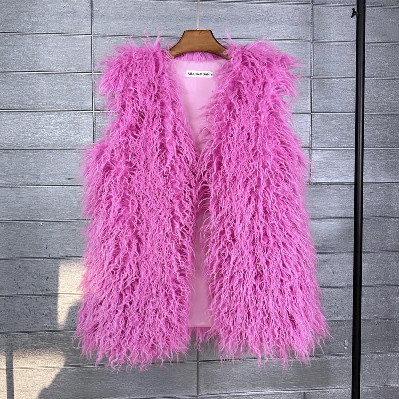 Plus Size Faux Shearling Vest Mid-Length Fur Coat Warm Sleeveless Jacket Women
