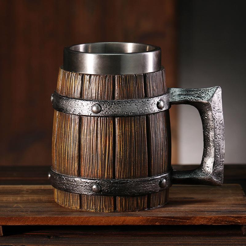 Handcrafted Wooden-Style Barrel Beer Mug with Stainless Steel Lining – Large Capacity
