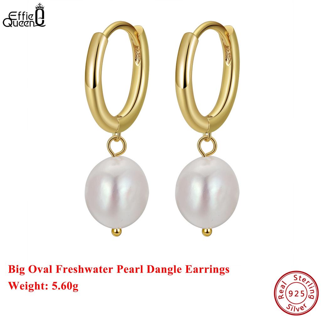 Effie Queen 925 Pure Silver 14k Gold Oval Shaped Freshwater Pearl Drop Earrings Ideal Jewelry for Women Banquet Party Gift GPE50