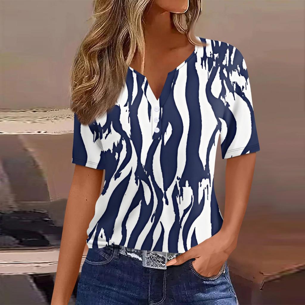 Women's T Shirt Tee Printed Button Short Sleeve Tunic Daily Weekend Fashion Basic V- Neck Regular Top