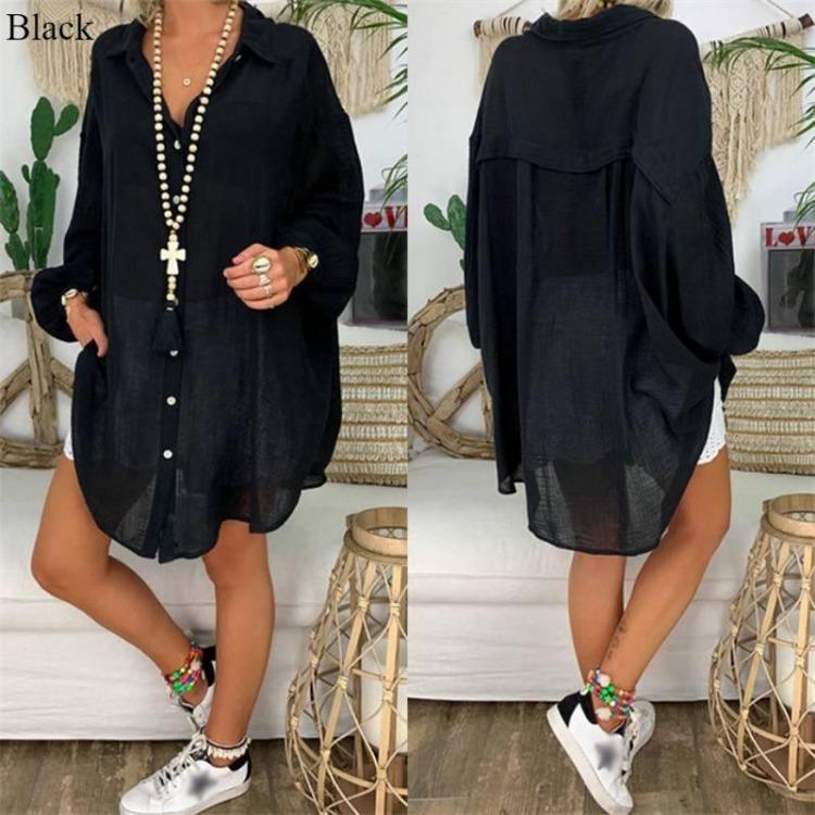 

New Spring Summer Casual Fashion Top Women Loose Large Size Long Sleeve Button Shirt Solid Color Fresh Cotton Linen 5XL чорний