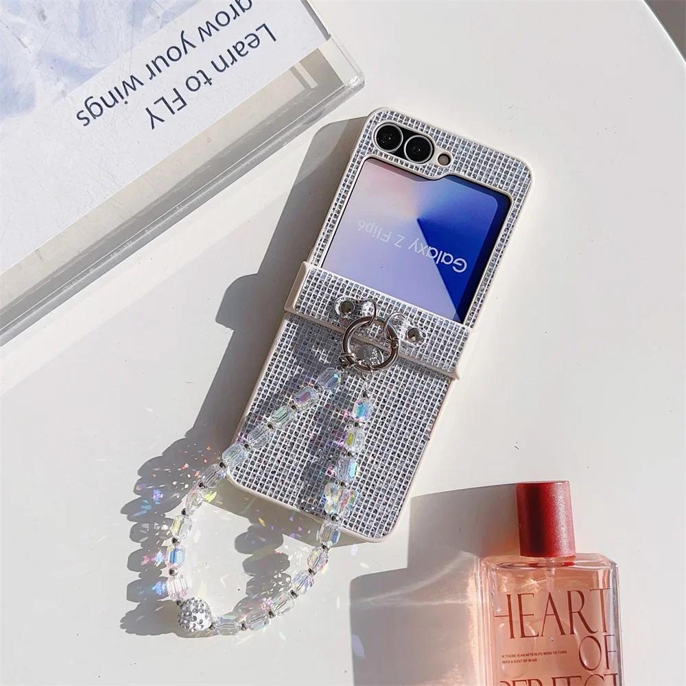 Hinge Protection Leather Phone Case for Samsung Galaxy Z Flip 6 5 4 Flip6 Flip5 Flip4 Flip3 Wrist Strap Plastic Hard Shell Cover