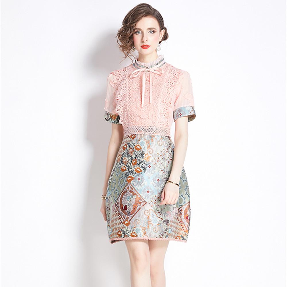 

Літня вінтажна шифонова жаккардова суцільна сукня для жінок з коротким рукавом і вишитою мереживною прошивкою XXL рожевий