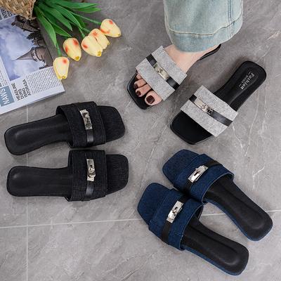 Internet Celebrity Explosion 2025 Summer New Women's Shoes Flat Bottom Bright Diamond Square Buckle Open Toe Cool Slippers Women Wear Home