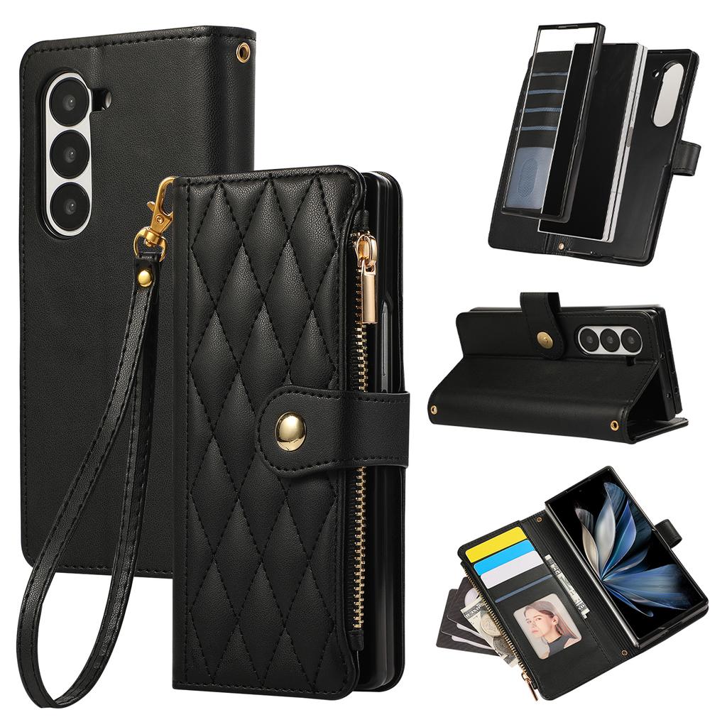 For Samsung Galaxy Z Fold6 5G Case Multi Card Slots Zipper Rhombus Leather Phone Cover with Wrist Strap
