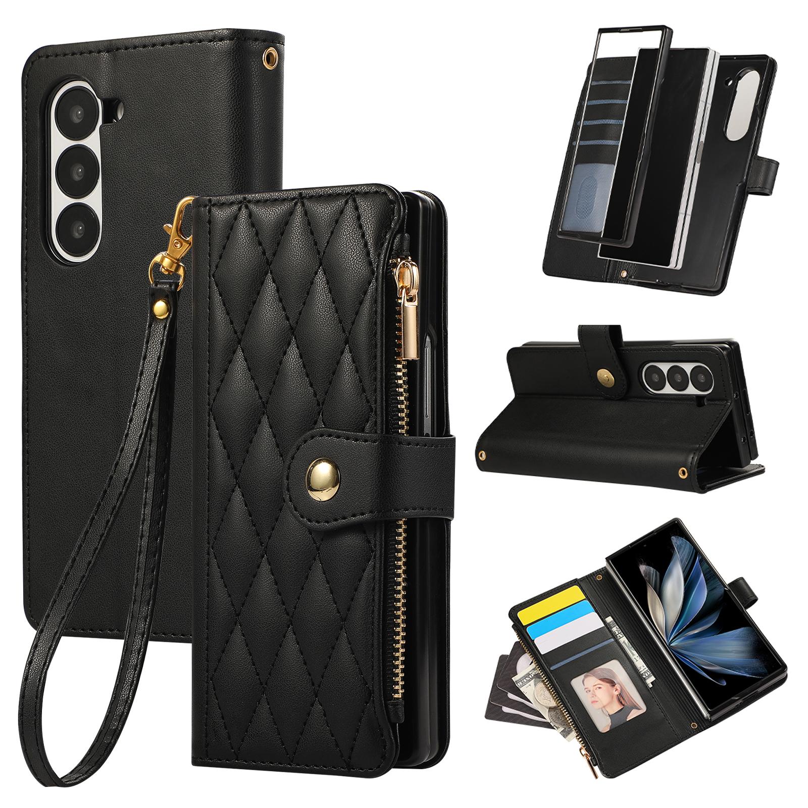 

For Samsung Galaxy Z Fold7 5G Case Multi Card Slots Zipper Rhombus Leather Phone Cover with Wrist Strap Black