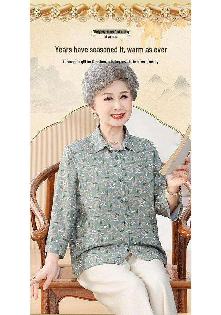 Women's Floral Pure Cotton Long-Sleeve Shirt for Elderly, Perfect for Spring & Autumn