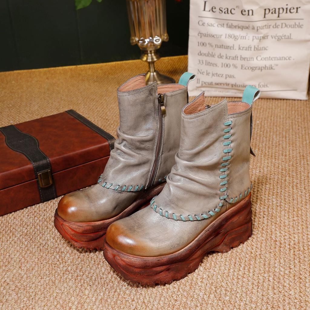 Johnature Women's Platform Shoes Genuine Leather Thick Soled Comfortable Versatile Retro Wedges Short Boots