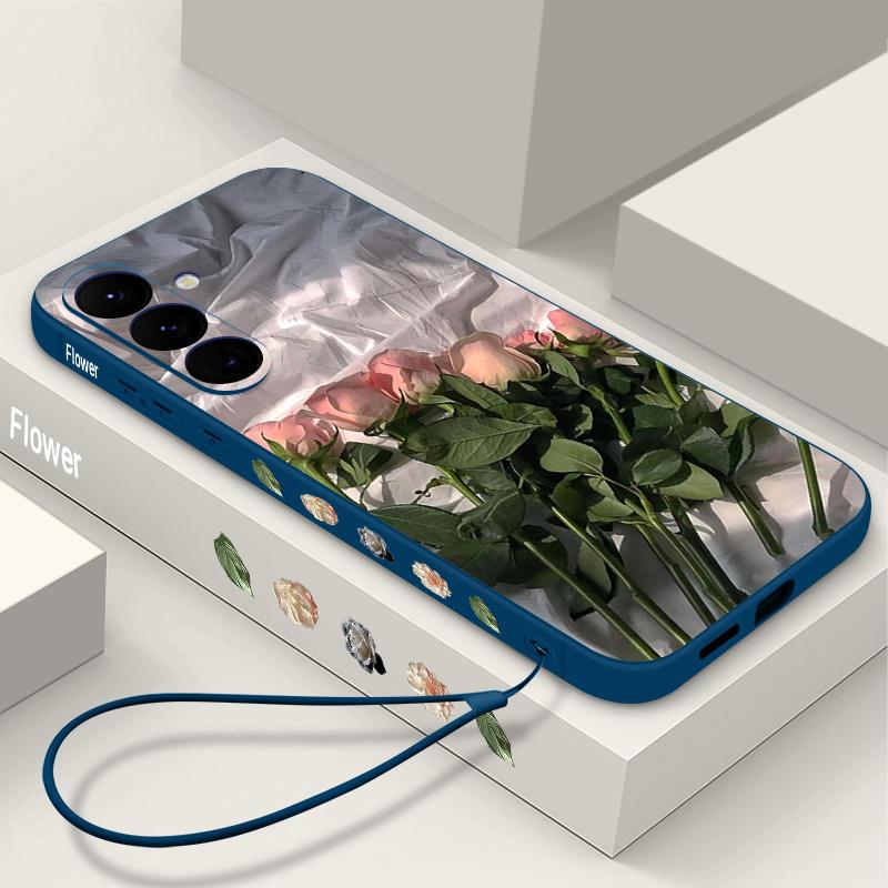 Housse Peinture à l'Huile Fleurs Roses Pour Samsung Galaxy S24 S25 FE S25 S23 S22 Ultra A17 A56 A16 A55 A25 A15 A36 A54 5G Cordon Housse Souple