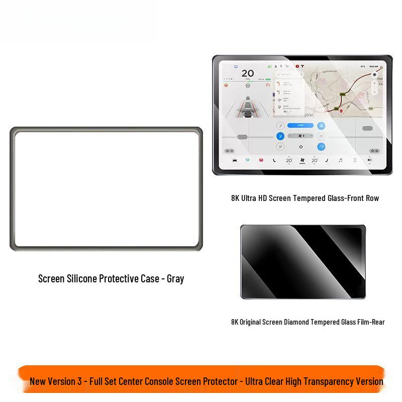 Tesla Model 3/Y Navigationsbildschirm-Schutzfolie mit Silikonrahmen & Mittelkonsolen-Zubehör