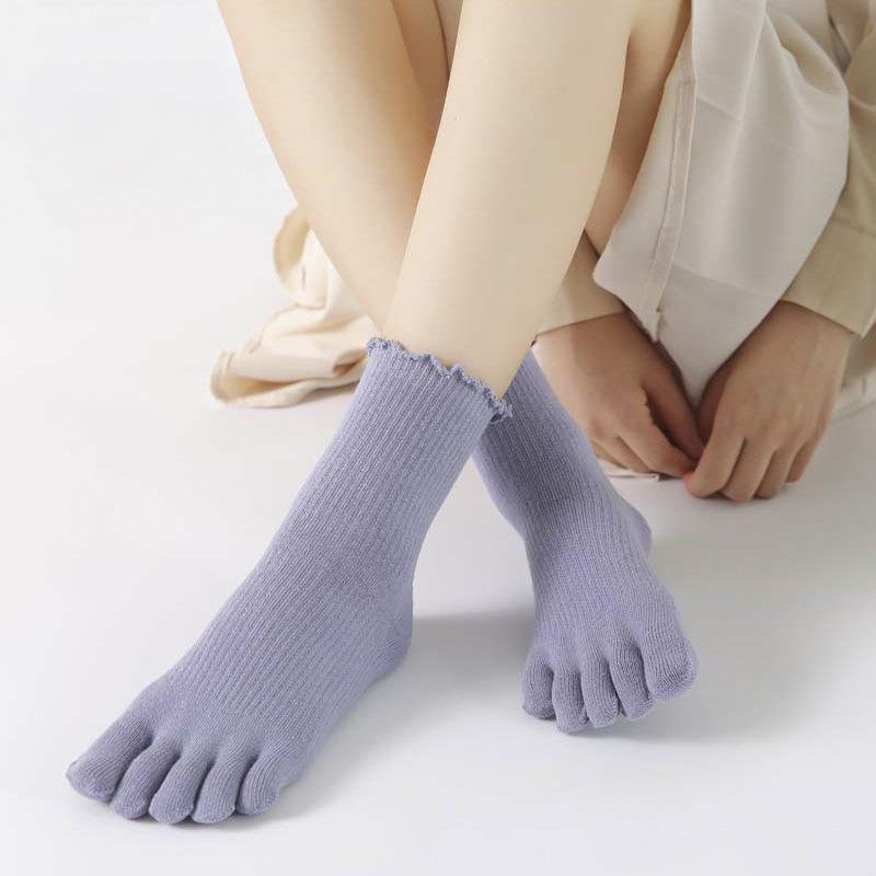 5 Pairs Women'S Five Finger Ruffle Socks Korean Fashion Solid Black Pink Crew Business Dress Toe Socks All Seasons Comfortable