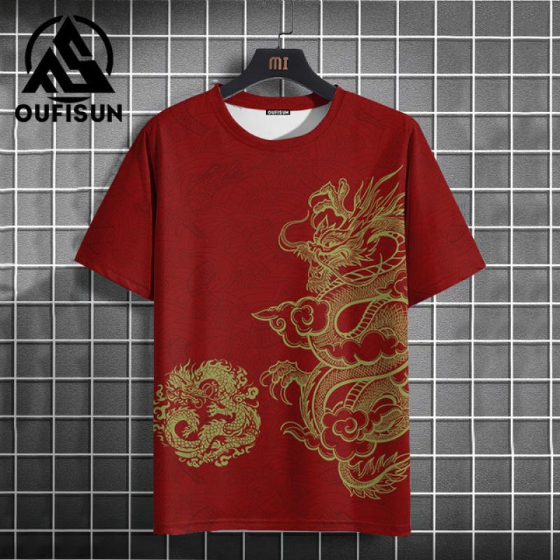 Letní pánské tričko s potiskem draka, módní, ležérní, s krátkým rukávem, denní pouliční oblečení, nadměrné, s kulatým výstřihem, pulovr