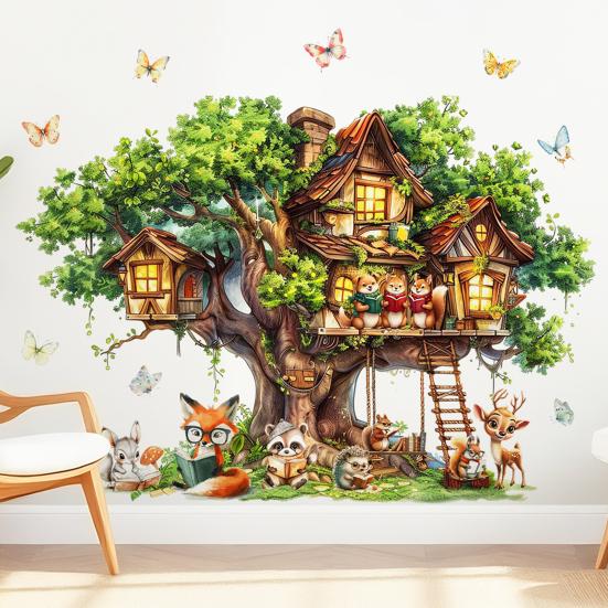 Tree House Animal Wall Sticker Self-adhesive Waterproof PVC Spring Forest Treehouse Sticker Home Office Living Room Bedroom Wall Decoration Decal
